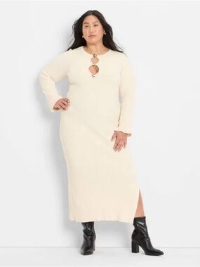FUTURE COLLECTIVE - Ribbed Cream Maxi Dress w/ Front Ring Keyholes